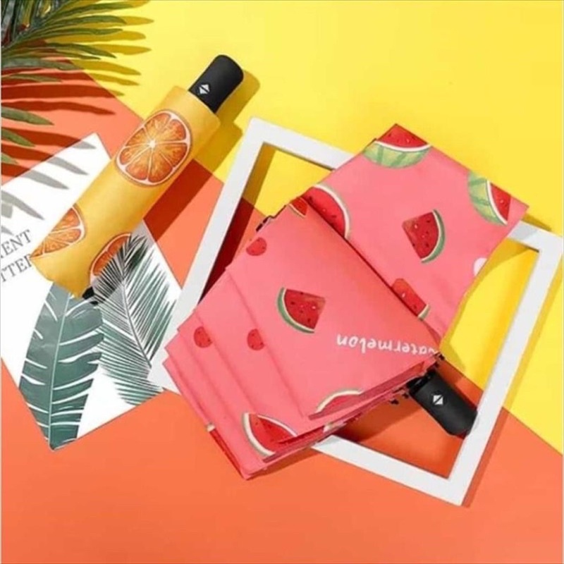 Payung Lipat Otomatis Buah Pastel Buka Tutup Anti UV Protection Lapisan Hitam Umbrella Korean Design Style Fruity