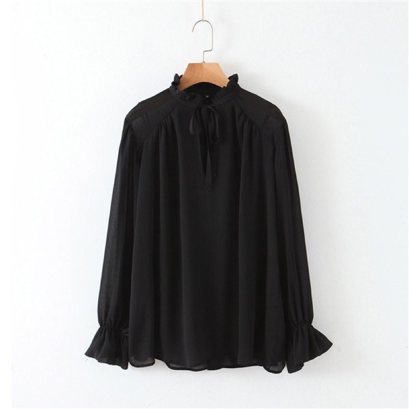 Blouse Wanita Lengan Panjang Hitam Casual Premium