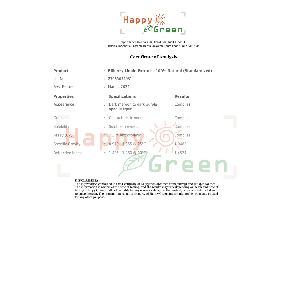 Happy Green Bilberry Liquid Extract - 100% Murni Natural