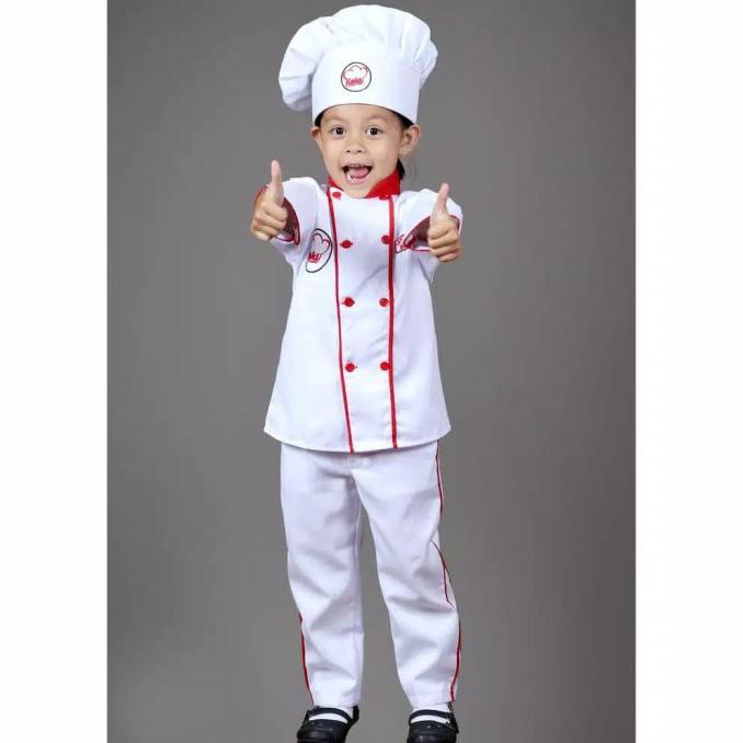 baju seragam karnaval profesi koki warna merah/ master chef anak - 3-4 tahun