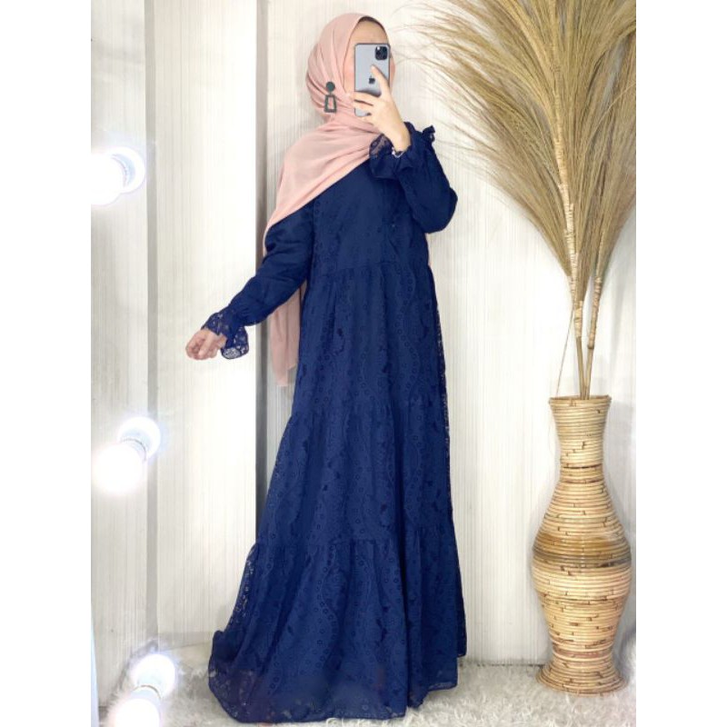 gamis brukat navy warna biru dongker super mewah