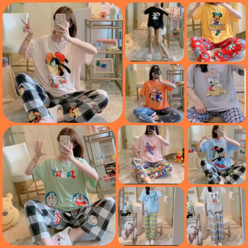 REDITA018 Piyama Baju tidur Setelan wanita korea impor spandek CP Celana Panjang Lengan Pendek