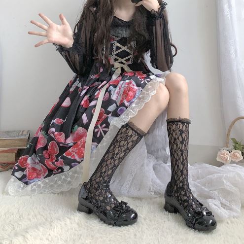 LS-04 Kaos Kaki Transparan Renda Putih Hitam Lace Cute Lolita Cosplay