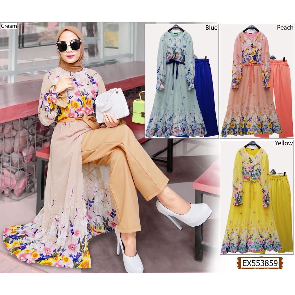 Setelan gamis dan celana motif flower putri bahan ceruty mix furing moscrepe merk extu (kode 553859)
