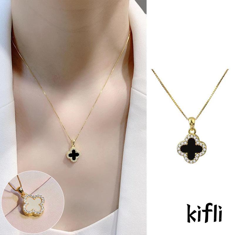 Kalung Rantai Liontin Daun Clover Hias Kristal Zircon Mewah Untuk Wanita (KD)