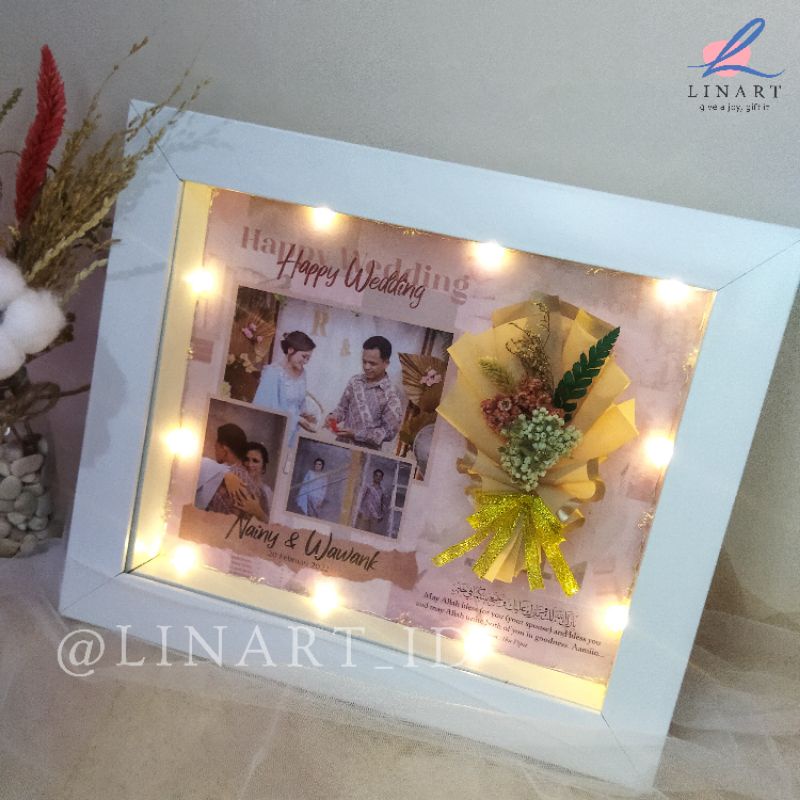 Hana Frame with LED |pigura 3d kado wedding, ultah, wisuda, custom, mini buket dried flower lampu tu