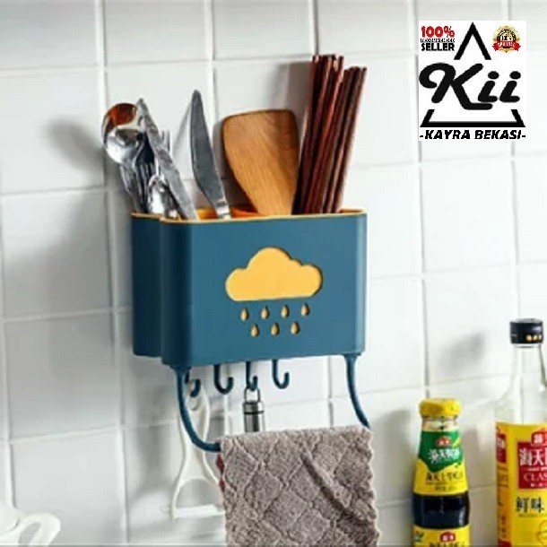 Rak Sendok Alat Dapur Tempel Dinding 2 Slot 4 Hook -Rak Mini Serbaguna