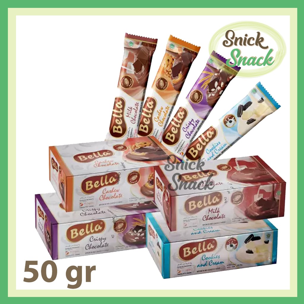 

Bella Coklat Bar 45 gr Milk Chocolate Cashew Crispy Cookies and Cream Hazelnut Crunchy Malt