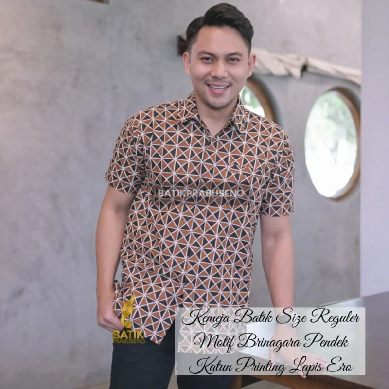 Brinagara Pendek Kemeja Batik Pria Original Prabuseno Full Furing Modern Pakaian Dewasa Terbaru