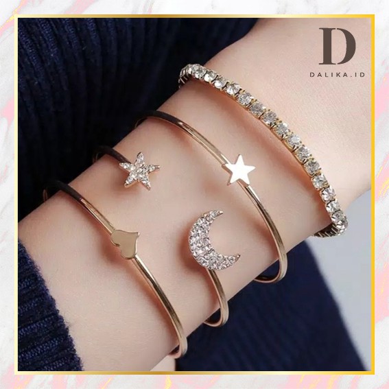 Gelang 4Pcs/Set Wanita Model Vintage Simple Elegan Motif Bulan Bintang Hati Aksesoris Fasion