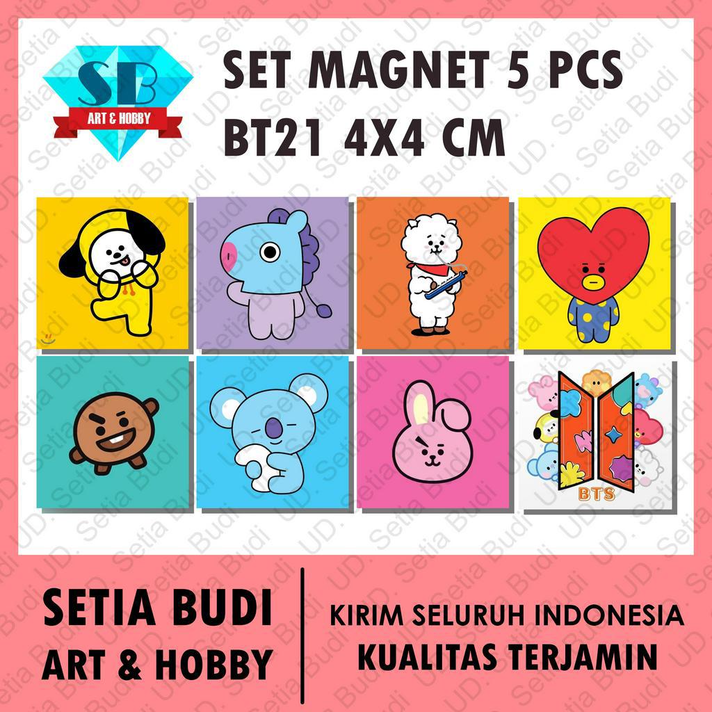 Magnet Set Isi 5 BT21 Ukuran 4 x 4 cm Stiker BTS Boneka Figure Koleksi