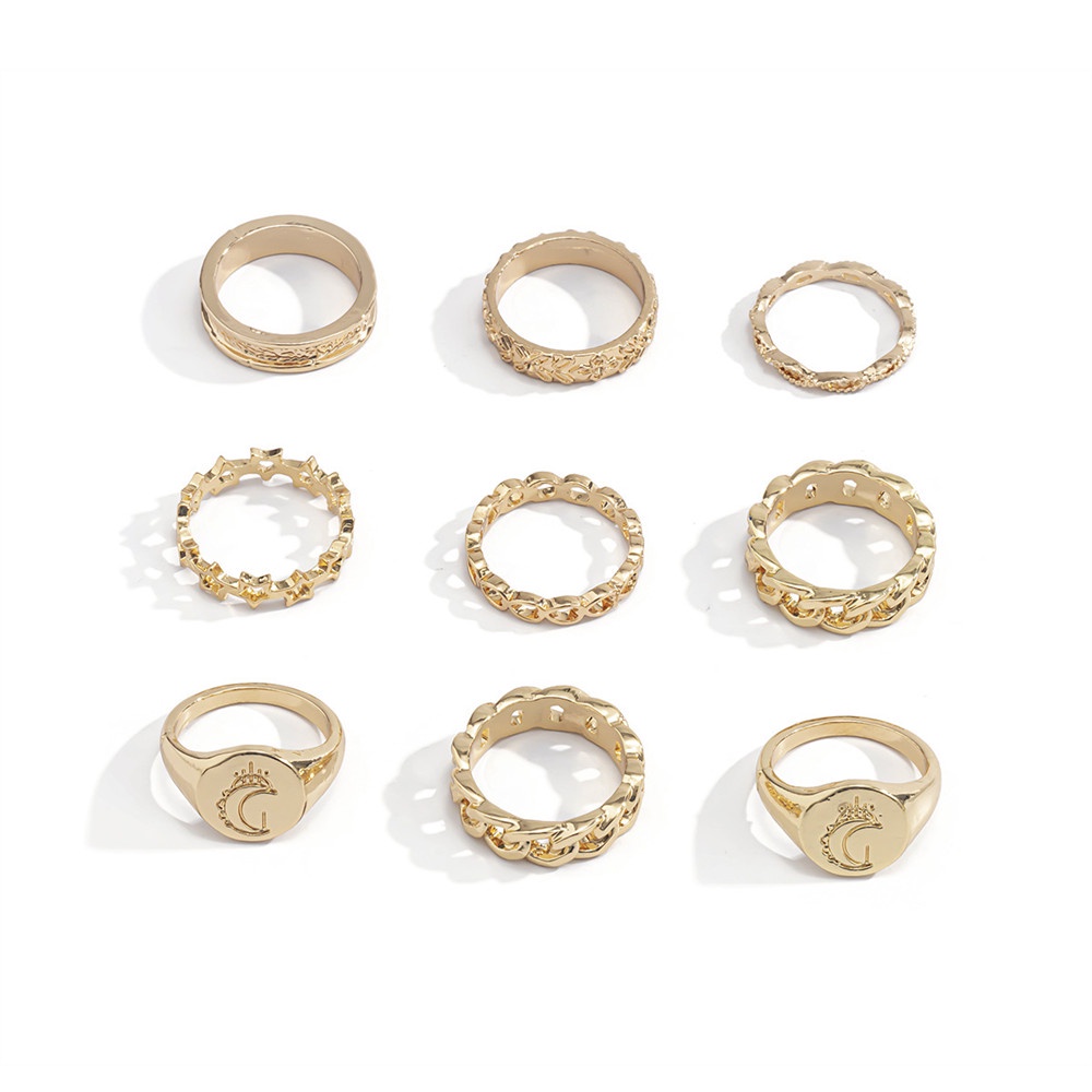 9Pcs Fashion Cincin Kombinasi Bulan Berongga | Cincin Paduan Wanita Set Perhiasan Jari Wanita