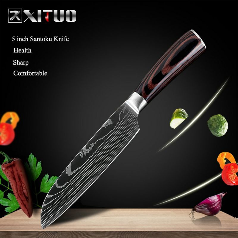 XITUO PISAU DAPUR CHEF DAMASCUS PATTERN 5INCH SANTOKU KNIFE-SILVER