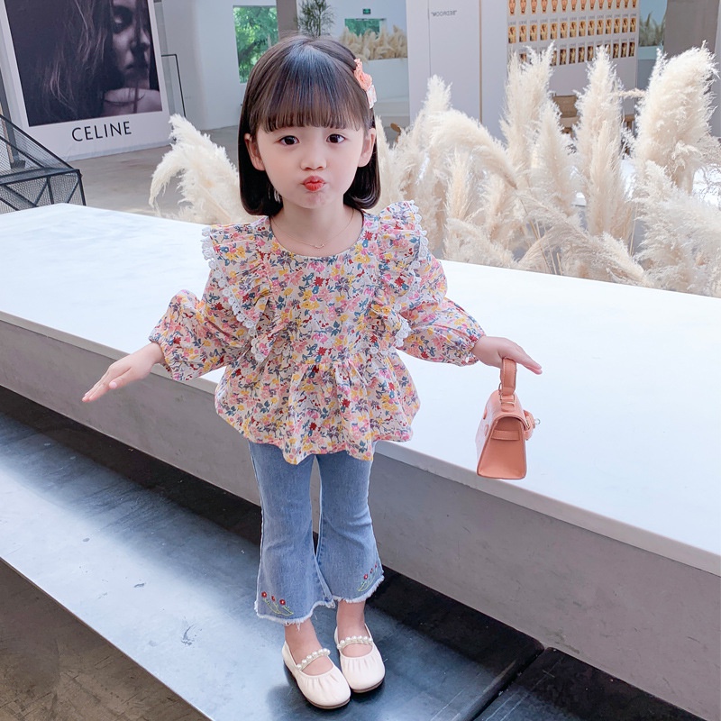 SSP50 , 3-9THN Setelan Set Anak Perempuan 2in1 Floral Blouse +Jeans