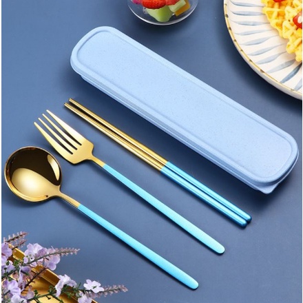Set Alat Makan Korea Stainless, Box Sendok Garpu Sumpit Gold Oval 4 in 1 Portable-8