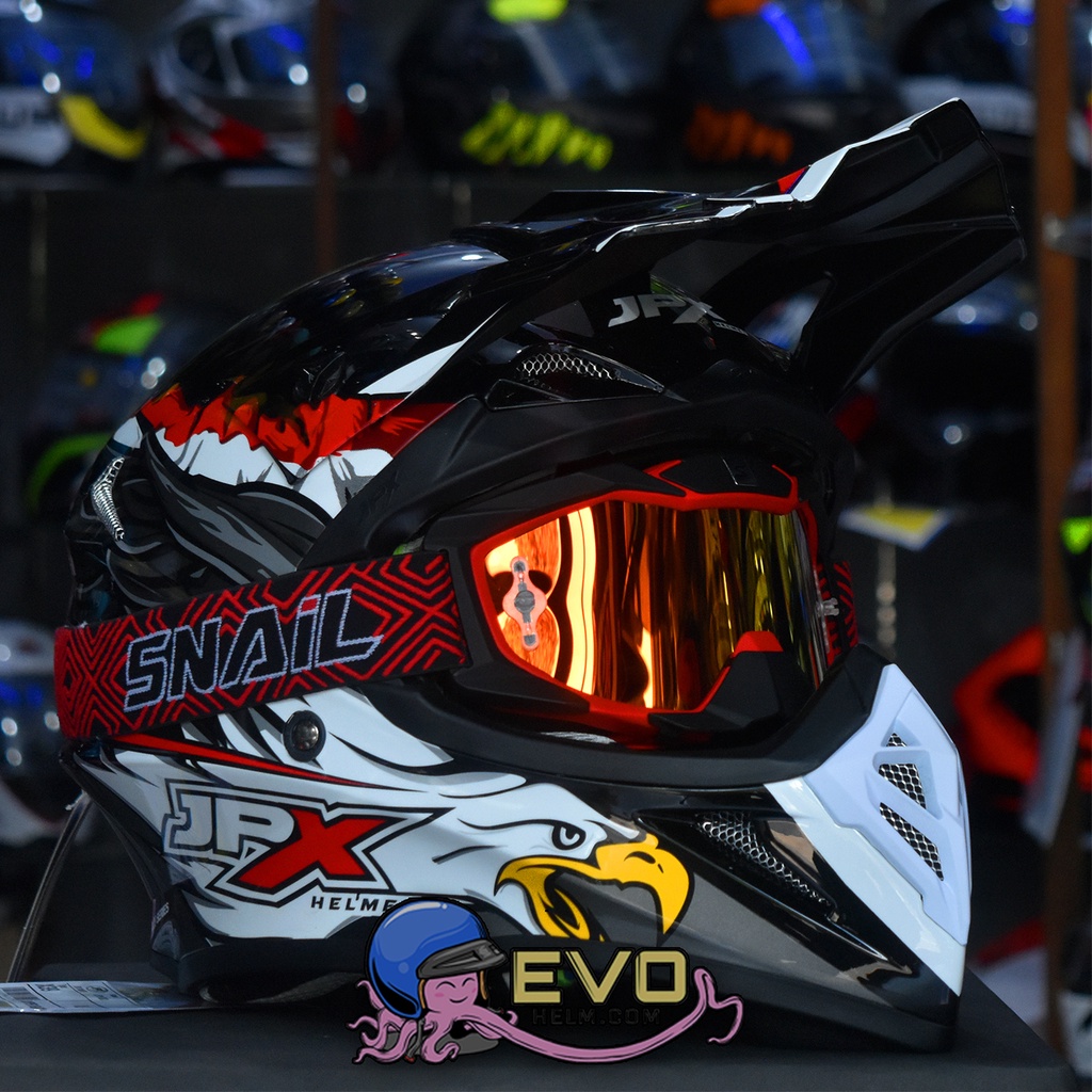 HELM JPX CROSS_FOX1 SERI X39 BLACK GLOSSY SUPERBLACK + GOOGLE SNAIL (ONGKIR 2 KG), PAKET GOOGLE SNAIL ORIGINAL - HELM JPX CROSS PAKET GANTENG JPX FOX1 CROSS HELM JPX TERBARU-MX36 MATT RED/RED