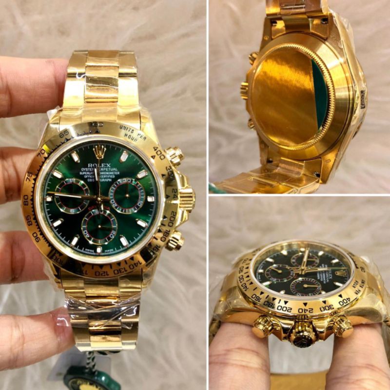 JAM TANGAN PRIA ROLEX DAYTONA DIAL GREEN MATIC SWISS CLONE RANTAI GOLD