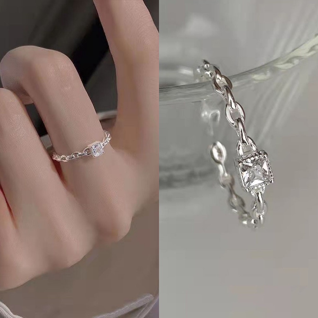 【COD Tangding】Cincin Berlian Bentuk Kotak Model Terbuka Dapat Disesuaikan Untuk Wanita