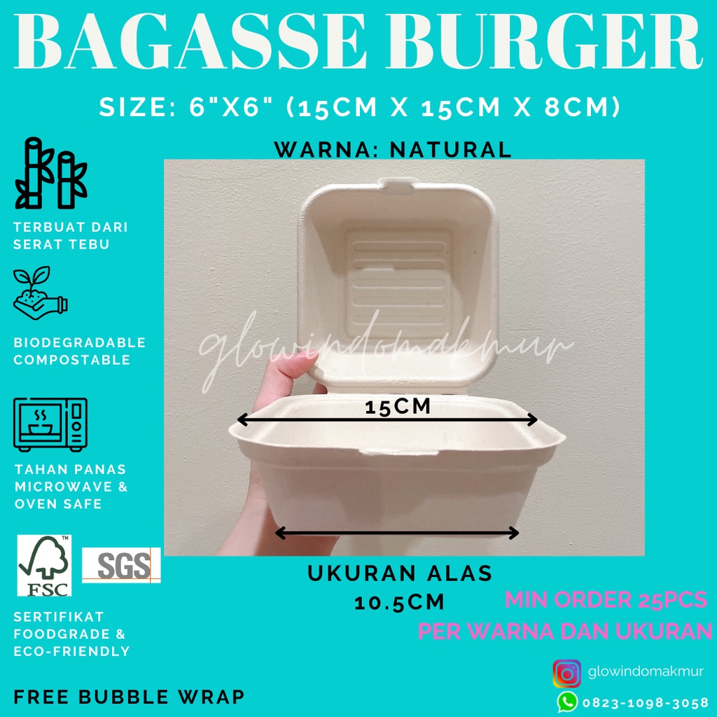 Bagasse Box Bento Cake Burger 15cm x 15cm 6inch 6&quot; Lunchbox Small Sugarcane Serat Tebu ECO FRIENDLY