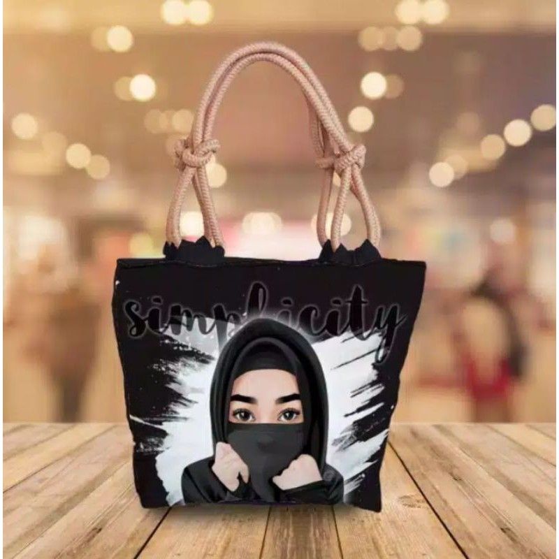 Totebag tali sumbu tas hijab bermotif karakter