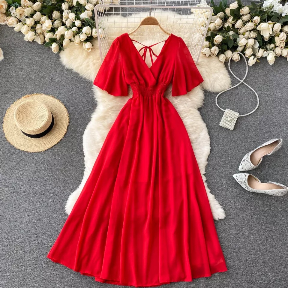 Maxi dress kondangan party pesta wanita V neck lengan butterfly balon tali belakang smock pinggang b