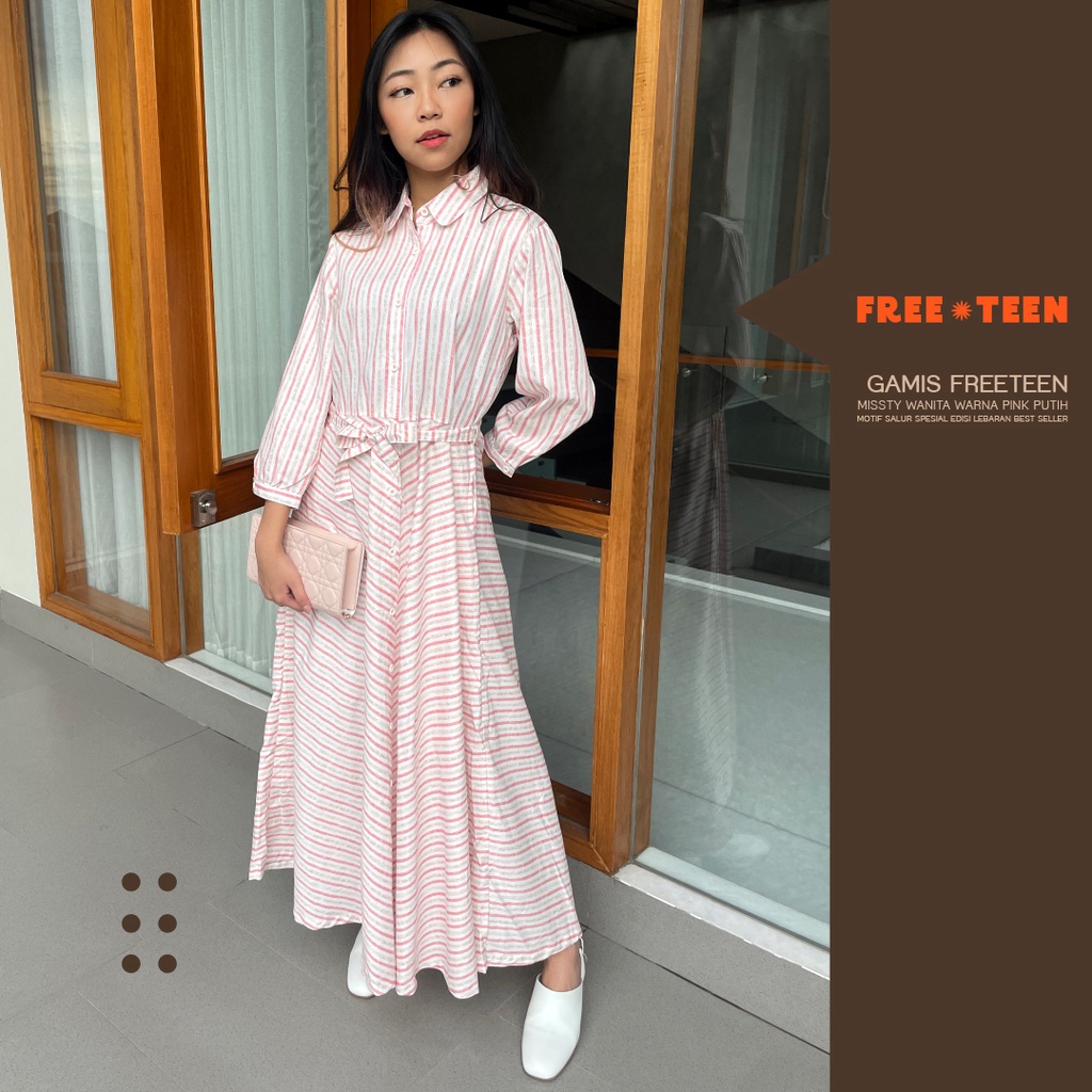 Gamis Freeteen Missty Wanita Warna Pink Putih Motif Salur Spesial Best Seller (Daisy 105)