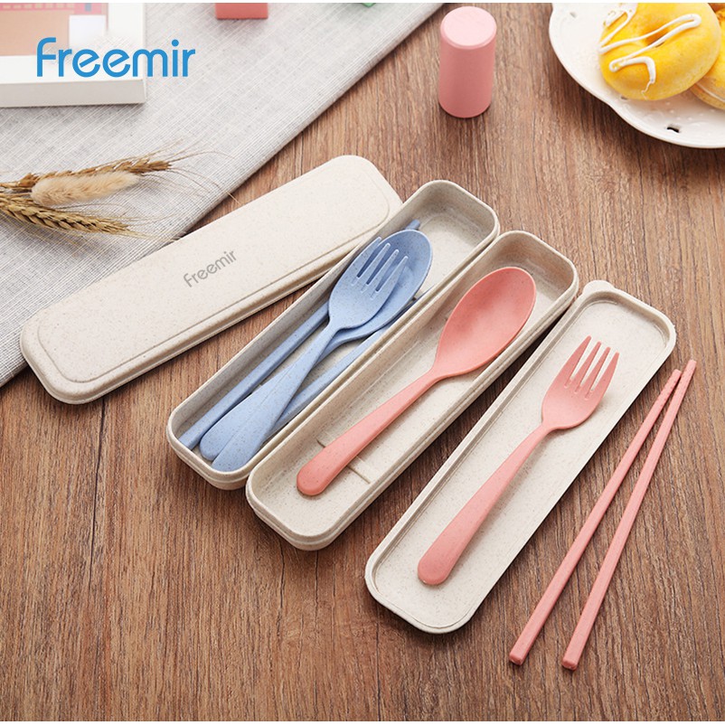 freemir Set Alat Makan - 4in1 Travel Cutlery Wheat Straw Tableware