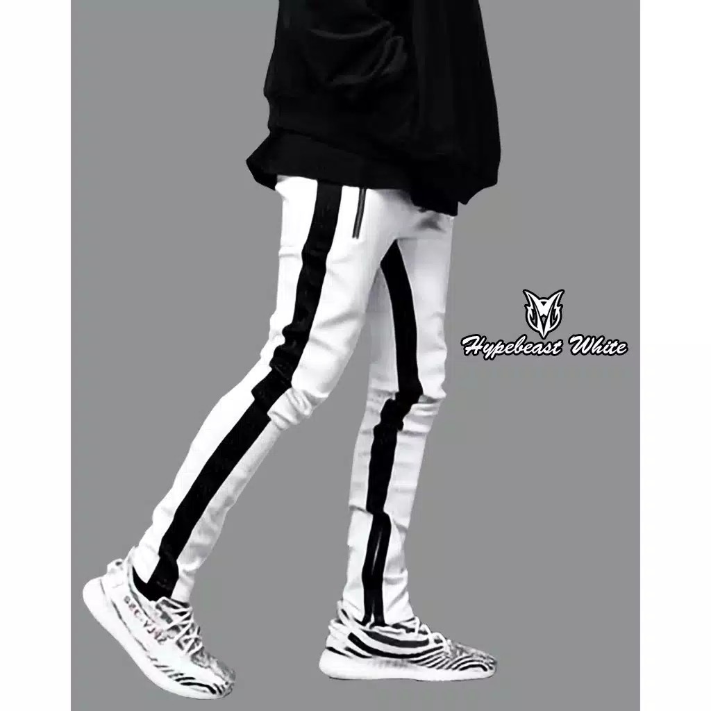 ZORKA Celana Panjang Pria Hypebeast / Celana Panjang Pria Training Polos Basic Jogger Pant / Joger Pants / Celana Trening Pria Kekinian Terbaru Korean Style Putih List Hitam / Trening Pria