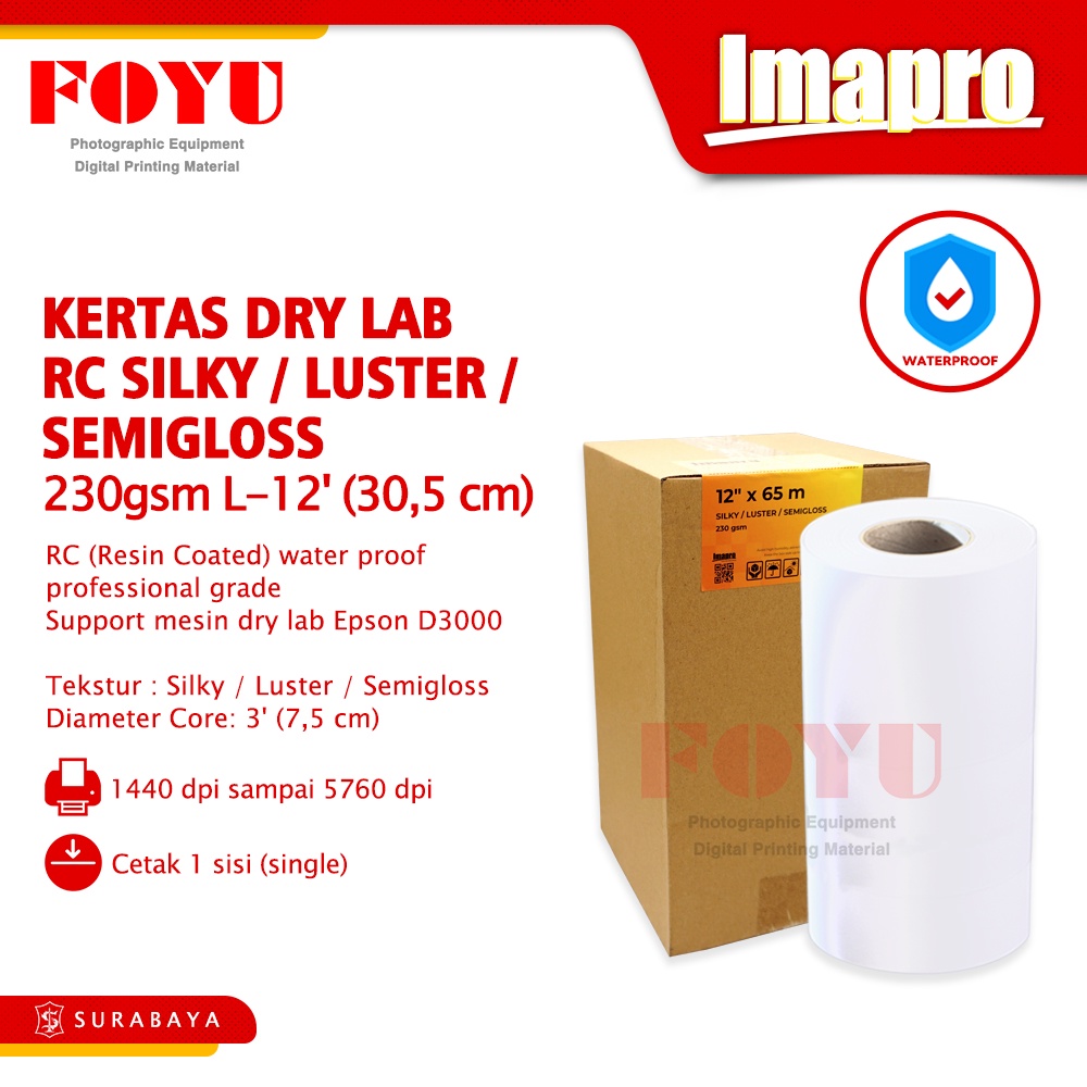 

Kertas Cetak Foto Photo Picture Roll Gulungan Paper Mesin Printer Dry Lab SureLab Epson D700 D830 D1030 Fujifilm DX100 DE100 Imapro Professional RC Silky Luster 230gsm L-12'x65m
