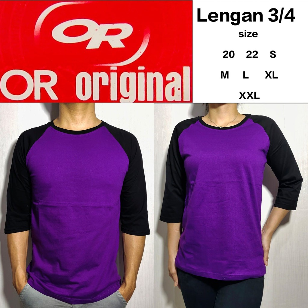 kaos polos reglan ungu lengan hitam 3/4 20 22 S M L XL XXL