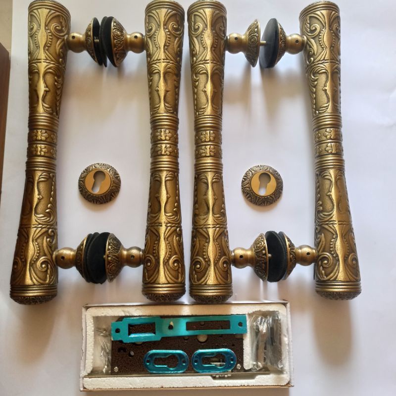 Paket Lengkap 4pcs Handle Pintu 58 cm+Lubang Kunci+Body Kunci Gagang Pintu Kuningan