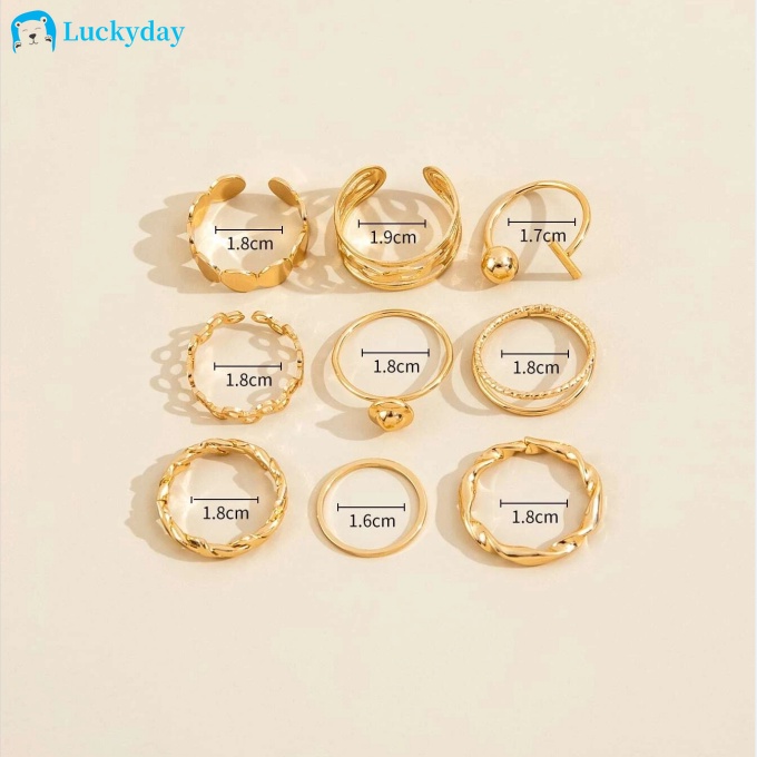 YEEZII 9pcs / Set Cincin Model Twist Hollow Warna Emas Gaya Retro Untuk Wanita