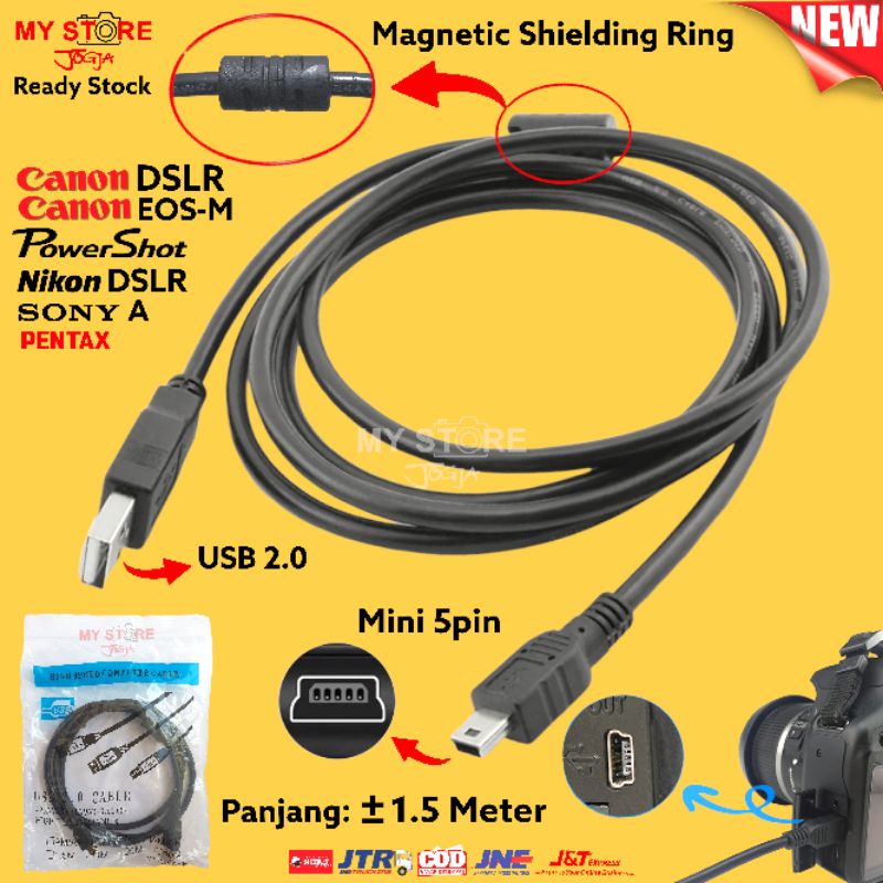 Kabel Data Kamera Mini USB 5pin Charger Cable ± 1.5M Canon EOS DSLR 550D 600D 650D 700D 750D 760D 800D 850D 1000D 1100D 1200D 1300D 1500D 4000D 3000D 60D 70D 77D 80D 90D 5D 5D2 5D3 5DII 5D3 6D 7D 7DII 6DII 100D 200D PowerShot IXUS EOS-M M3 M10 M100 2000D