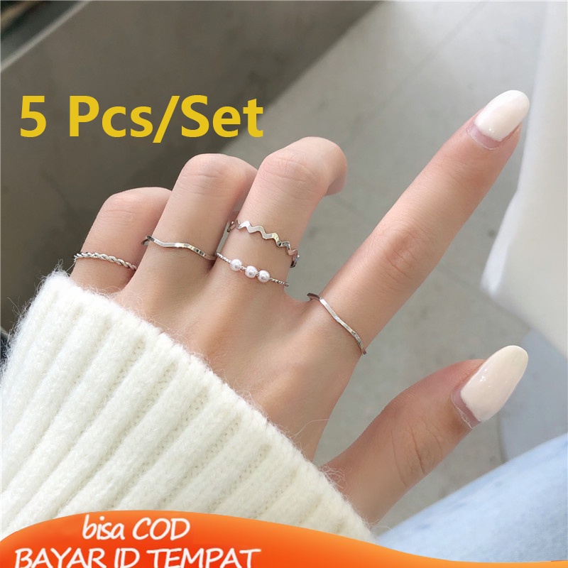 COD✨5pcs/ Set Cincin Fashion Aksen Berlian Imitasi Mutiara Untuk Wanita Wanita Korea Retro Fashion Murah Import Ready Stock