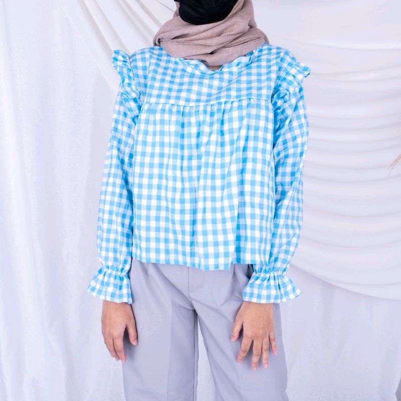 WEONA PLAID/ DAFFA BLOUSE GINGHAM TOP blouse biru kotak RUFFLE bahu