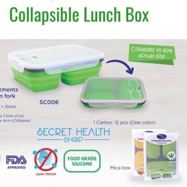 Baby Safe - GREEN Collapsible Lunch Box 3 parts 650 ml + 250 ml +250ml(3 compartments with Spoon and Fork)