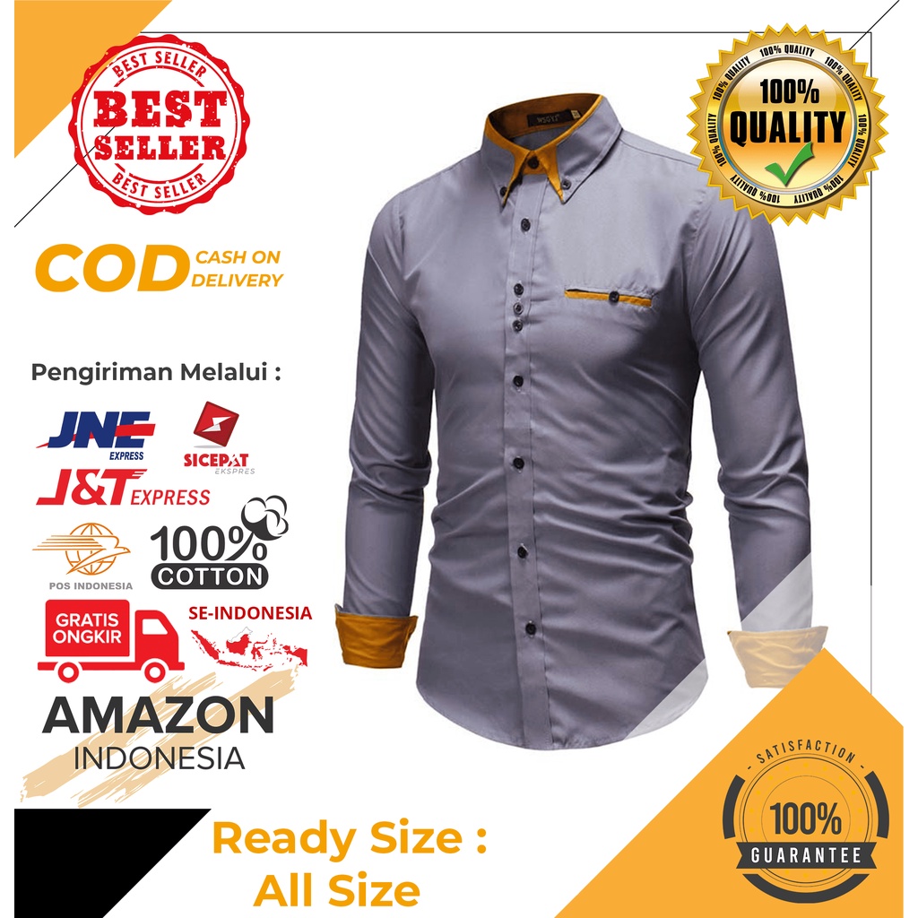 YANG LAGI HITS DICARI GAN Termurah Roman Warna Grey Abu Kemeja Pria Cowo Kantor Kasual Formal Lengan Panjang