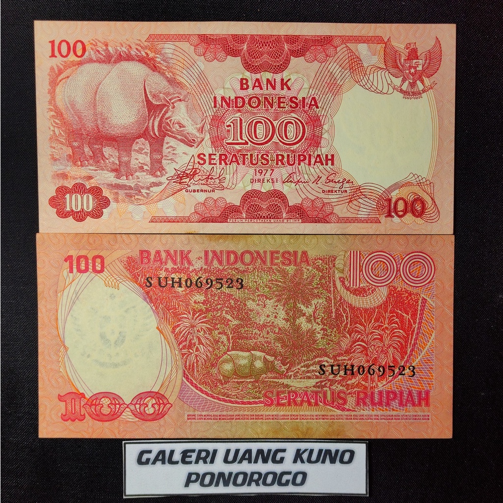 Uang kuno 100 Rupiah Bergambar  Badak Tahun 1977