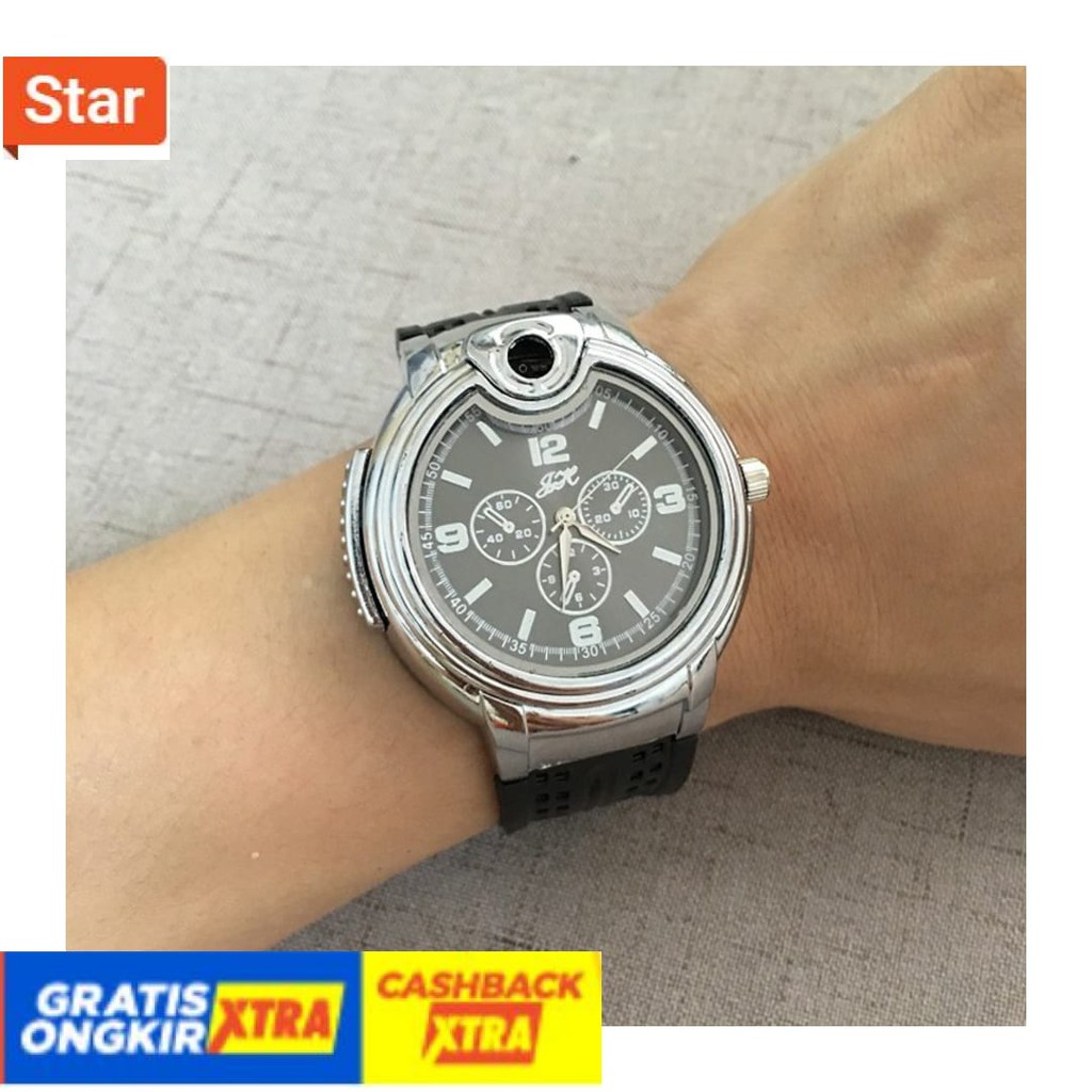 BEST SELLER  - ANTI AIR IMPORT HITAM PUTIH POLOS / Jam Tangan Analog Pria Korek Api Gas Mancis