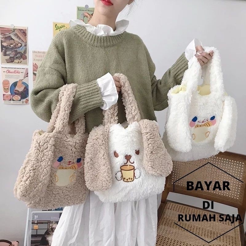 Shoulder Tote Bag Motif Boneka Kelinci Piyopiyo Tas Selempang Bahu Bahan Bulu Bludru Plush Fluffy Fur Sling Bag Rabbit Tas Wanita