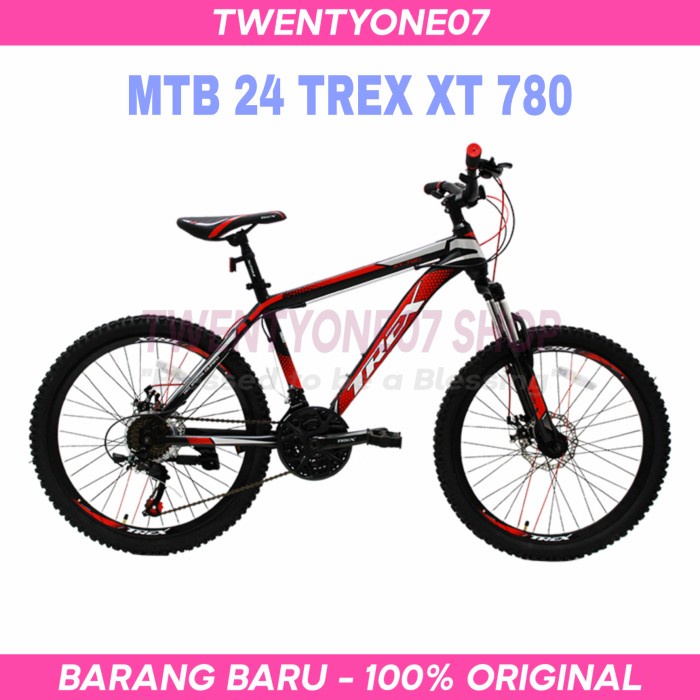 Sepeda Gunung MTB 24 Trex XT-780 21 Speed Rem Cakram Murah - Hitam Merah