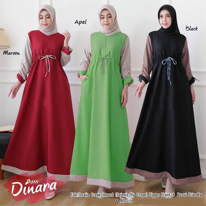 DINARA Dress Muslim Murah Tangan Pinggang Serut