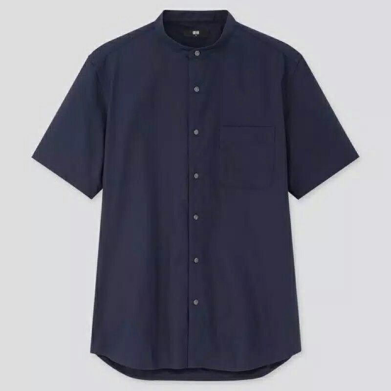 KEMEJA PRIA KERAH SHANGHAI UNIQLO OPEN COLLAR SHIRT NAVY LENGAN PENDEK