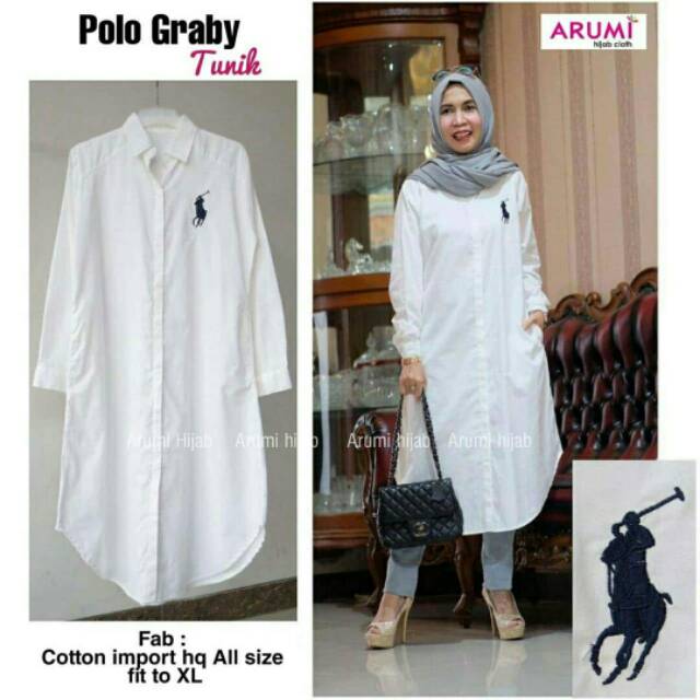 Polo Graby Tunik putih polos cewe katun white XL daily wear ootd murah long tunic muslim panjang new