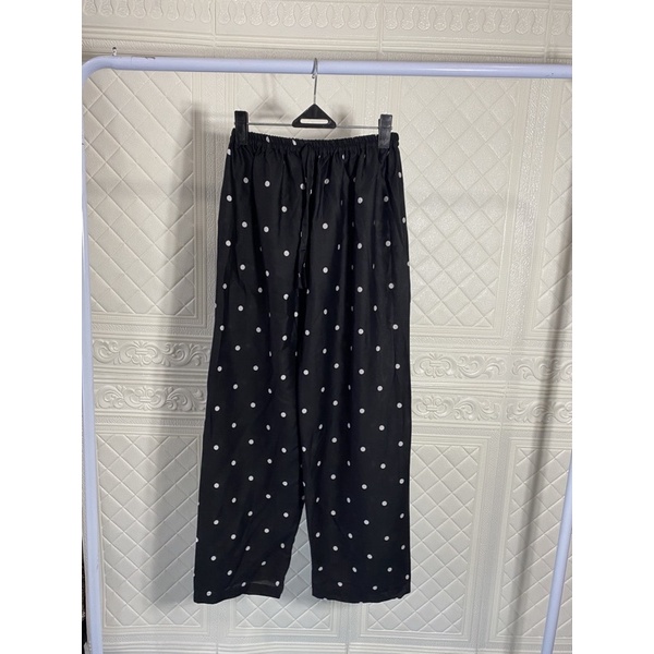 CELANA KULOT PANJANG WANITA TALI POLOS & MOTIF A031-Hitam pulkadot besar