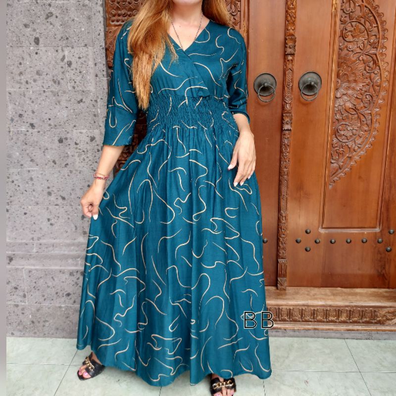 GAMIS BALI / DRES MOZA ( lengan lonceng)-Cacing toska