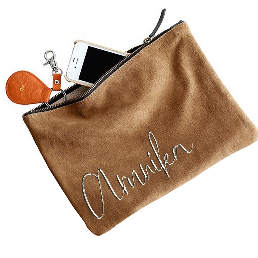 Pouch SUEDE Premium - Handle Kulit - Bahan lebih TEBAL (BISA DI CUSTOM NAMA)