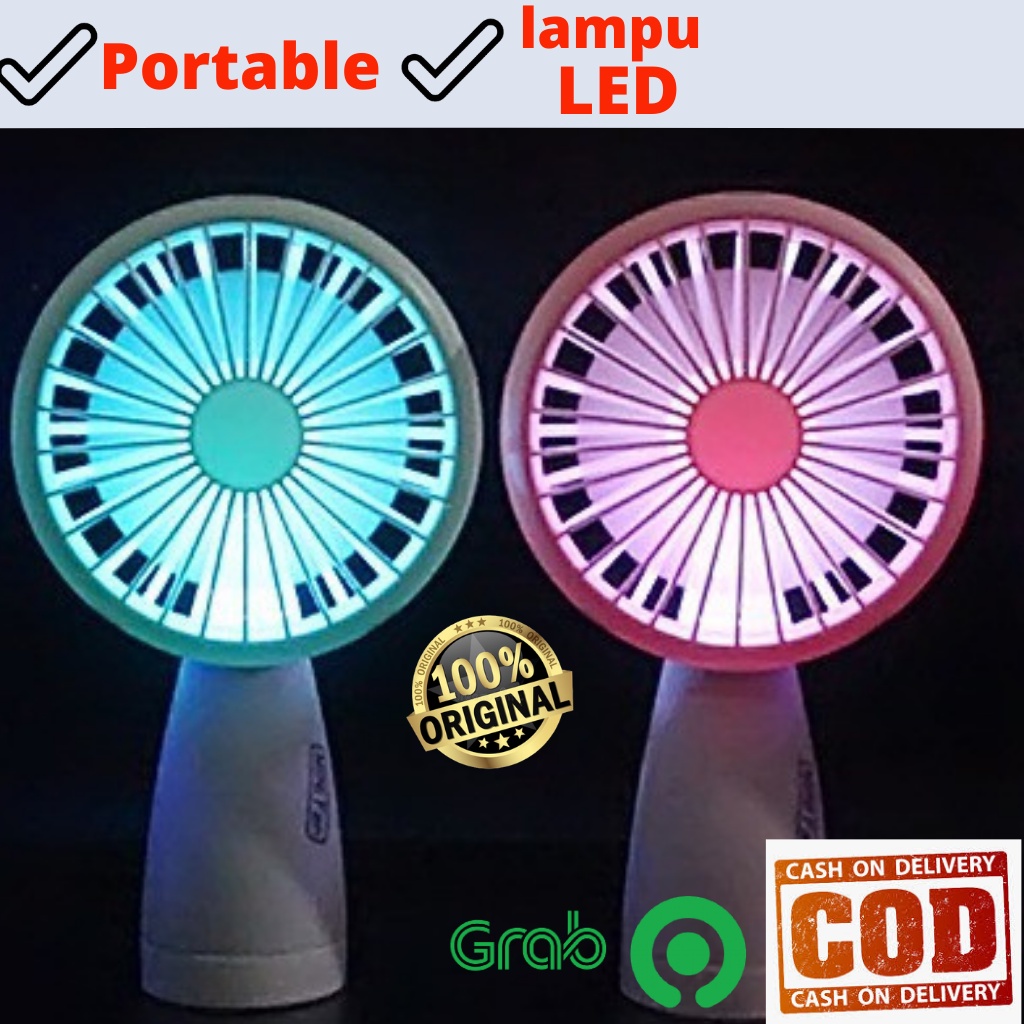 kipas angin kecil murah karakter plastik portable genggam tangan duduk led cas charger baterai abc