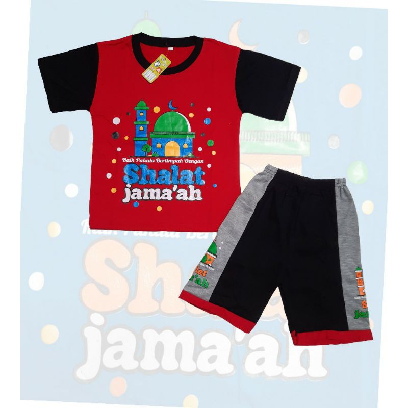 sedang tren setelan kaos anak motif masjid 1-7 tahun