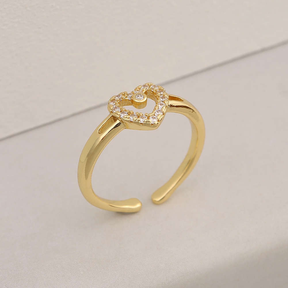 Ornamen tembaga mikro udang kering peach jantung cincin bertatahkan zirkon manis retro wanita